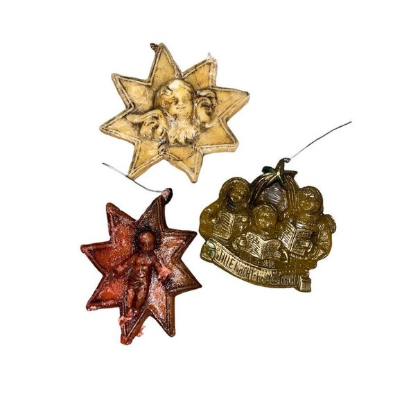 Set of 3 Antique German Wax Hanging Christmas Tree Ornaments Angels Red Gold - Picture 1 of 5